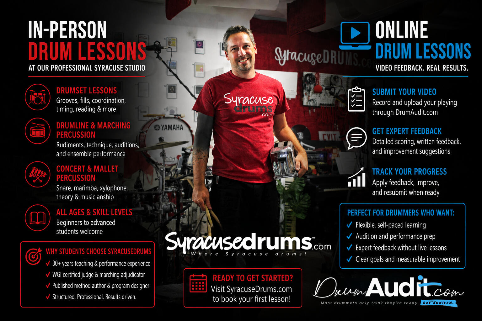 Promotional image for in-person drum lessons and digital drum lessons.