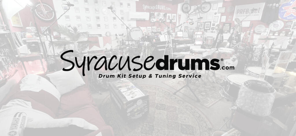 Drum studio faded background behind the SyracuseDrums.com logo with Drum Tuning Service and Drum Kit Setup text.